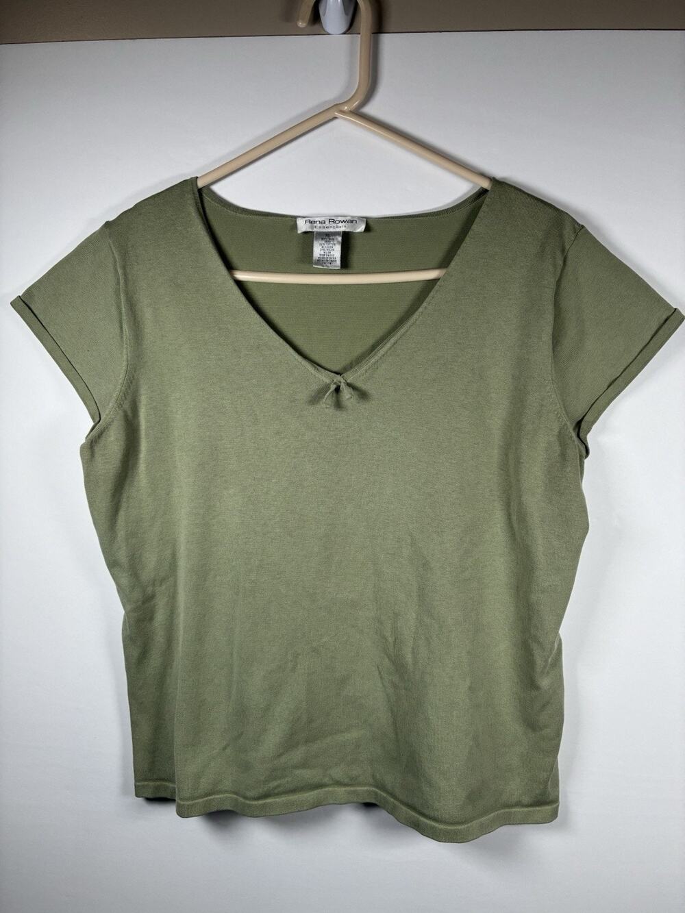 Rena Rowan XL Silk Blend Knit Top Sage Green V Neck Short Sleeve Quiet Luxury